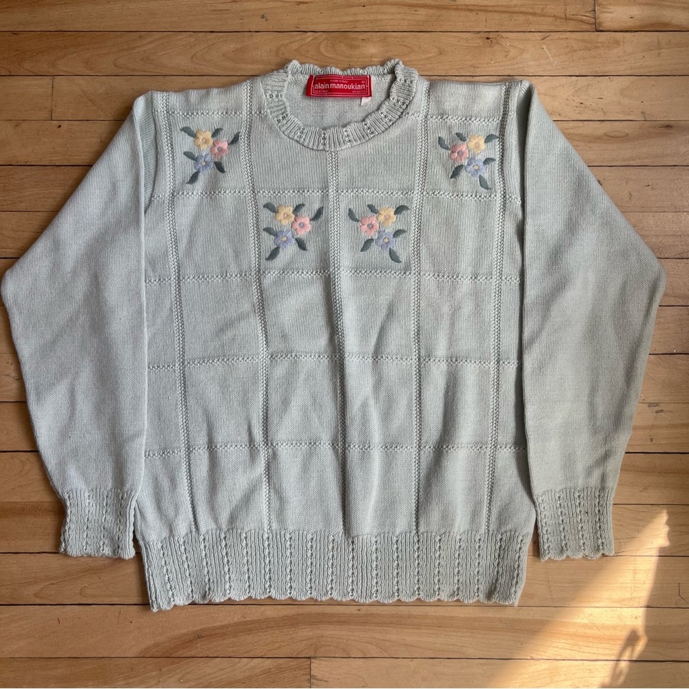 vintage italian pastel floral sweater || pale teal